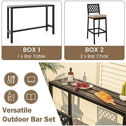 COSTWAY 3 Piece Outdoor Bar Table and Chairs Set, 55" Pub Height Bar Table & 2 Cushioned Bar Stools with Rhombus Backrest, Metal Patio Bar Table Set for Balcony, Backyard, Porch, Pool