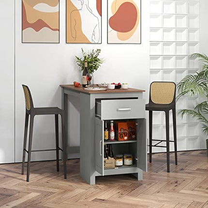 COSTWAY Counter Height Table with Storage, Rectangular 35.5-inch Height Dining Table with Drawer and 2-Tier Storage Cabinet, 3-Level Shelf, Bar Table for Kitchen Island Living Room, Light Grey