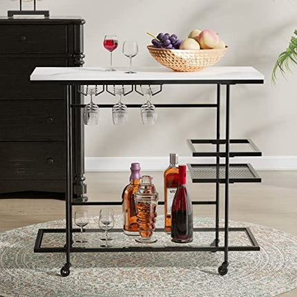 Cozy Castle Large Bar Cart, White Marble Pattern Tabletop and Black Metal Frame