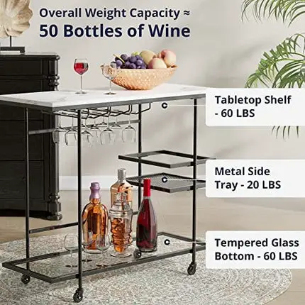 Cozy Castle Large Bar Cart, White Marble Pattern Tabletop and Black Metal Frame