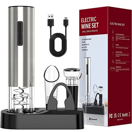 Crenova Rechargeable Electronic Wine Opener 6-in-1 Automatic Corkscrew Wine Bottle Opener set with Wine Saver Pump, Wine Aerator and Wine Foil Cutter & USB Charging Cable, Elegant Black