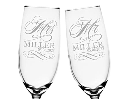Mr and Mrs Champagne Wedding Glasses, Set of 2 Personalized Toasting Flutes, Engraved Mr and Mrs Wedding Toast Glass Flutes, Bride and Groom
