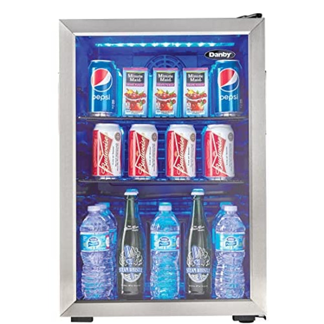 Danby DBC026A1BSSDB 95 Can Beverage Center, 2.6 Cu.Ft Refrigerator for Basement, Dining, Living Room, Drink Cooler Perfect for Beer, Pop, Water, Black/Stainless-Steel