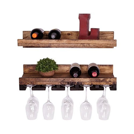 del Hutson Designs Luxe 24 Inch 2 Shelf Rustic Farmhouse Solid Natural Pine Wood Wall Mounted Stemware Rack and Wine Bottle Holder, Dark Walnut