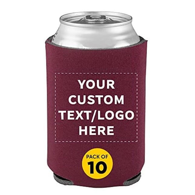 Can Coolers - 10 pack - Customizable Text, Logo - 4mm Collapsible Beer Holders To Keep Your Beer Cold - Insulated Cans Holder - Burgundy