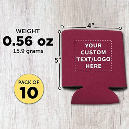 Can Coolers - 10 pack - Customizable Text, Logo - 4mm Collapsible Beer Holders To Keep Your Beer Cold - Insulated Cans Holder - Burgundy