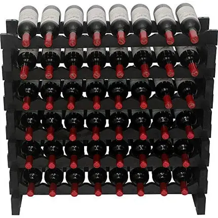 DisplayGifts Freestanding Stackable Storage Stand Display Shelves Wine Rack Wobble-Free 48 Bottle Capacity 8 X Rows, Pine Wood (Black Finish)