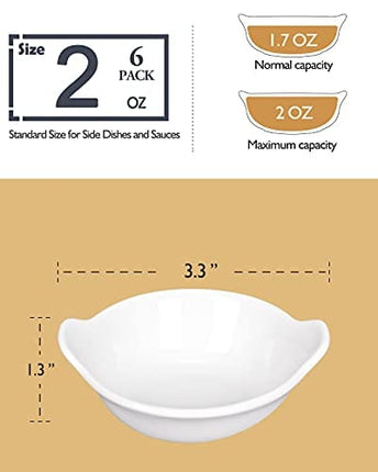 Dizada 2 oz Ceramic Dip Bowls Set, 6 Pack White Porcelain Mini Dipping Soy Sauce Dish Condiments Server Dishes- Perfect for Tomato Sauce, Soy, Vinegar, BBQ and Other Party Dinner