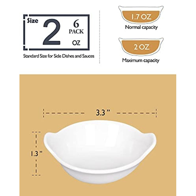 Dizada 2 oz Ceramic Dip Bowls Set, 6 Pack White Porcelain Mini Dipping Soy Sauce Dish Condiments Server Dishes- Perfect for Tomato Sauce, Soy, Vinegar, BBQ and Other Party Dinner