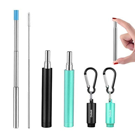 2 Pack Reusable Metal Straws Collapsible Stainless Steel Drinking Straw Travel Portable Telescopic Straw with Case,2 Cleaning Brushes Included Black/Turquoise