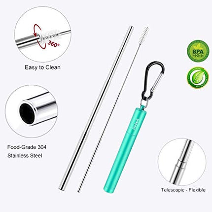 2 Pack Reusable Metal Straws Collapsible Stainless Steel Drinking Straw Travel Portable Telescopic Straw with Case,2 Cleaning Brushes Included Black/Turquoise