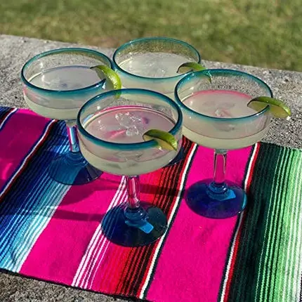 Mexican Hand Blown Glass – Set of 4 Hand Blown Margarita Glasses (16 oz) with Aqua Blue Rims