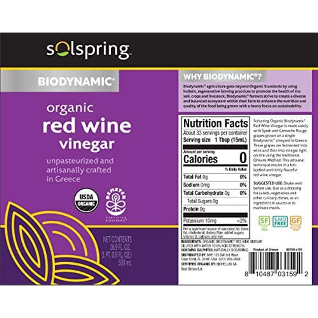 Dr. Mercola Solspring Biodynamic Organic Red Wine Vinegar, 2 Bottles (16.90 Fl. Oz.), non GMO, Gluten Free, Soy Free, Demeter Certified
