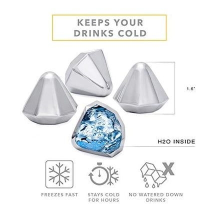 Dragon Glassware Reusable Ice Cubes, Stainless Steel Diamond Shaped Barware for Drinks, Won't Dilute Your Beverage and Won't Melt, Dishwasher Safe, Set of 4