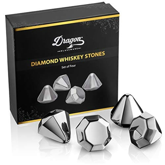 Dragon Glassware Reusable Ice Cubes, Stainless Steel Diamond Shaped Barware for Drinks, Won't Dilute Your Beverage and Won't Melt, Dishwasher Safe, Set of 4