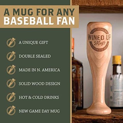 DUGOUT MUGS: Wined Up - Mini Baseball Bat Wine Glass - 6 oz. (3x3x10 inches) - Double Sealed, Solid Wood - For Hot and Cold Drinks - Proudly Made in the USA