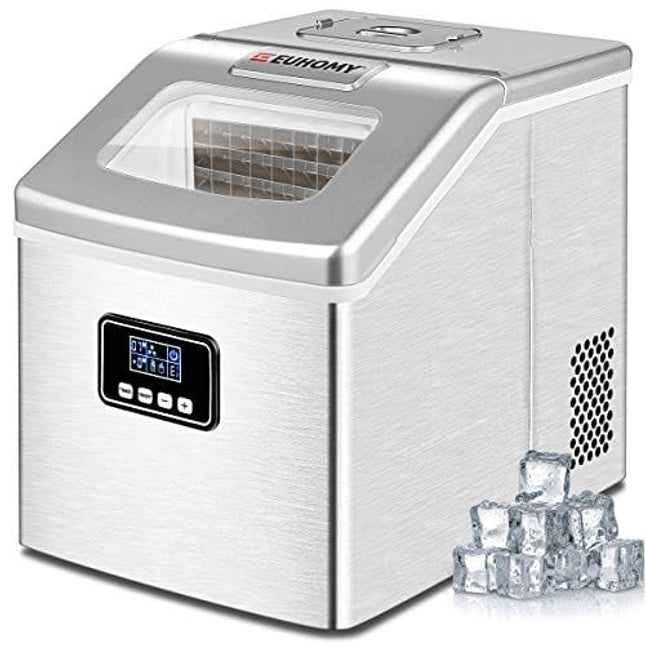 EUHOMY Countertop Ice Maker Machine, 40Lbs/24H Auto Self-Cleaning, 24 Pcs Ice/13 Mins, Portable Compact Ice Maker with Ice Scoop & Basket, Perfect for Home/Kitchen/Office/Bar(Silver)