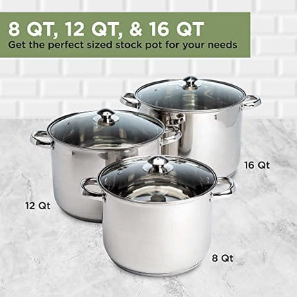 Ecolution Stainless Steel Stock Pot with Encapsulated Bottom Matching Tempered Glass Steam Vented Lids, Made Without PFOA, Dishwasher Safe, 8-Quart, Silver