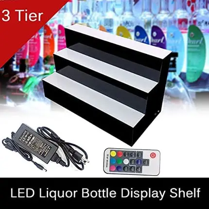 ECUTEE Liquor Bottle Display LED Shelf 3 Step Liquor Bottle Alcohol Whiskey Shelves Rack Stand 24 inch Illuminated Liquor Bottle Stand 7 Colors with Remote Control for Home Bar Parties Decor
