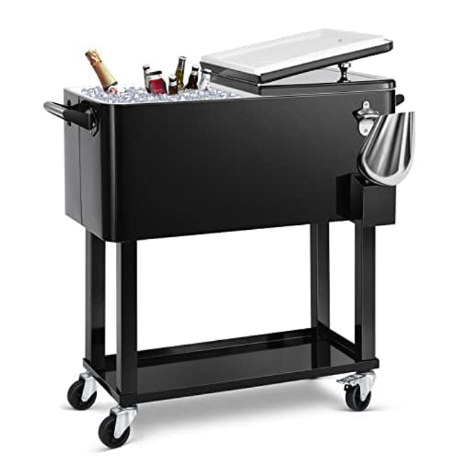 EDOSTORY 80 Quart Black Rolling Ice Chest Cooler Cart,Patio Backyard Party Drink Beverage Bar Stand Up Cooler Trolley with Ice Scoop