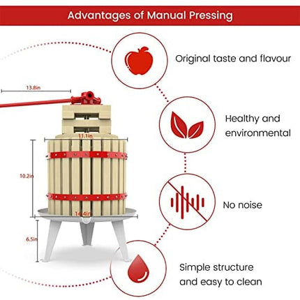 3.2 Gallon Fruit Wine Press - 100% Nature Apple&Grape&Berries Crusher Manual Juice Maker for Kitchen, Solid Wood Basket with 6 Blocks Heavy Duty Cider Wine Making Press