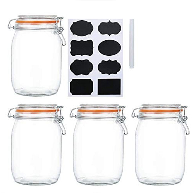 Encheng 32 oz Glass Jars With Airtight Lids And Leak Proof Rubber Gasket,Wide Mouth Mason Jars With Hinged Lids For Kitchen Canisters 1000ml, Glass Storage Containers 4 Pack