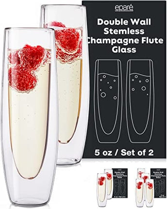 Eparé Stemless Champagne Flutes Glass - Set of 2 Double Wall Mimosa Glasses - Lightweight Stemless Champagne Glasses - Easy to Hold Bridesmaid Champagne Flute - Prosecco Glasses for Bridal Shower