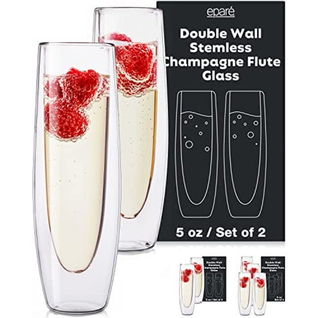 Eparé Stemless Champagne Flutes Glass - Set of 2 Double Wall Mimosa Glasses - Lightweight Stemless Champagne Glasses - Easy to Hold Bridesmaid Champagne Flute - Prosecco Glasses for Bridal Shower
