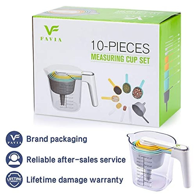 FAVIA Measuring Cups and Measuring Spoons Set of 10 Pieces Plastic Kitchen Cooking Baking Stackable Measurement BPA Free Dishwasher Safe for Liquid and Dry