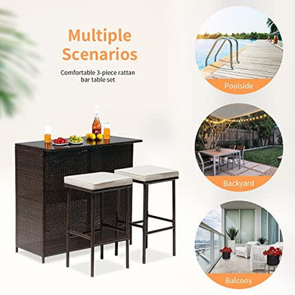FDW Wicker Patio Furniture 3 Piece Patio Bar Table Set Chairs Wicker Outdoor Rattan Bistro Set Glass Top Table and Two Stools for Yard or Backyard