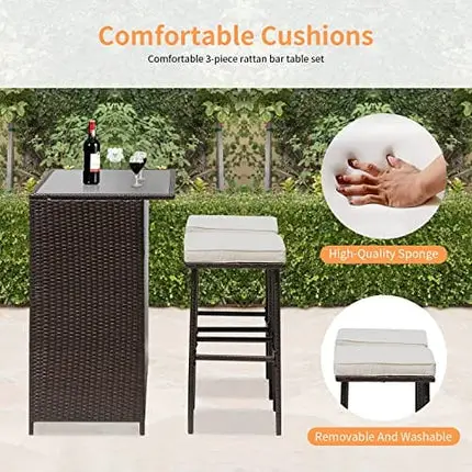 FDW Wicker Patio Furniture 3 Piece Patio Bar Table Set Chairs Wicker Outdoor Rattan Bistro Set Glass Top Table and Two Stools for Yard or Backyard