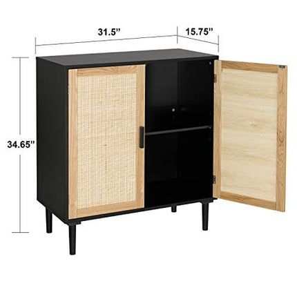 Finnhomy Sideboard Buffet Cabinet, Kitchen Storage Cabinet with Rattan Decorated Doors, Liquor Cabinet for Bar, Dining Room, Hallway, Cupboard Console Table, Accent Cabinet, 31.5X 15.8X 34.6 Inches