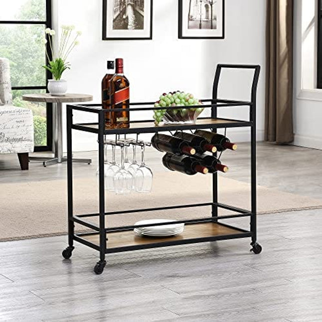 FirsTime & Co. Black and Brown Gardner Bar Cart, 2 Tier Mobile Mini Bar, Kitchen Serving Cart and Coffee Station with Storage for Wine and Glasses, Metal and Wood, Modern