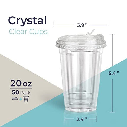 [50 Pack] Disposable Strawless Plastic Cups with Lids - 20 Oz Clear Plastic Cups and Sippy Cups Lids, Perfect Eco-Friendly To Go Cups for Iced Coffee, Smoothies, Soda Party Drinks and Cafe Essentials