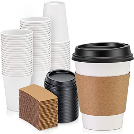 Fit Meal Prep [50 Pack] 12 oz Hot Beverage Disposable White Paper Coffee Cup with Black Dome Lid and Kraft Sleeve Combo, Small Tall