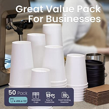 Fit Meal Prep [50 Pack] 12 oz Hot Beverage Disposable White Paper Coffee Cup with Black Dome Lid and Kraft Sleeve Combo, Small Tall