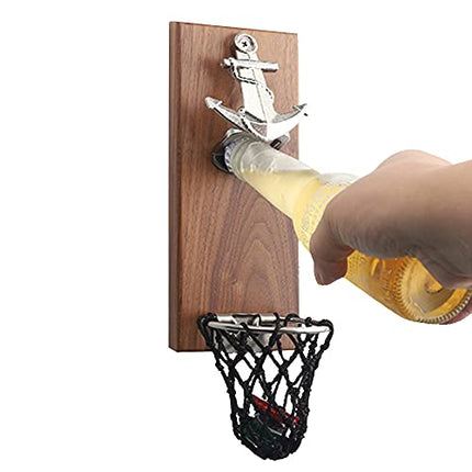 Bottle Opener Magnetic Wooden Mounted on Refrigerator, Vintage Boat Anchor Shape Opener with Net Caps Catcher, Perfect Beer Opener can Apply in Kitchen, Yard, Bar or Anywhere Like