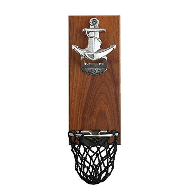 Bottle Opener Magnetic Wooden Mounted on Refrigerator, Vintage Boat Anchor Shape Opener with Net Caps Catcher, Perfect Beer Opener can Apply in Kitchen, Yard, Bar or Anywhere Like