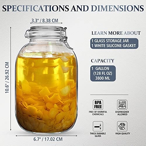  1790 Large Glass Jars with Lid - Wide Mouth 1 Gallon Glass Jar  with Lid - Glass Gallon Jar for Kombucha & Sun Tea - Gallon Mason Jars are Large  Glass