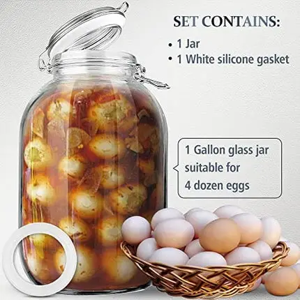 Folinstall 1 Gallon Glass Jar with Lid, Big Pickle Jar with Airtight Lid, Large Mason Jar for Pickled Eggs, Clear Glass Storage Jar for Kombucha, Limoncello, Sun tea (Extra 1 Gasket)
