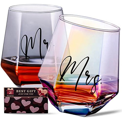 FONDBLOU Wine Glasses Gifts for Mr and Mrs, Wedding Gifts for Bride and Groom, Gifts for Bridal Shower Newlywed Engagement and Anniversary, Couples Gifts for Husband & Wife(12oz*2 Glass)