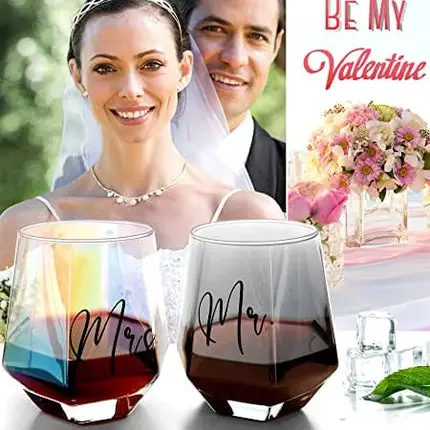 FONDBLOU Wine Glasses Gifts for Mr and Mrs, Wedding Gifts for Bride and Groom, Gifts for Bridal Shower Newlywed Engagement and Anniversary, Couples Gifts for Husband & Wife(12oz*2 Glass)