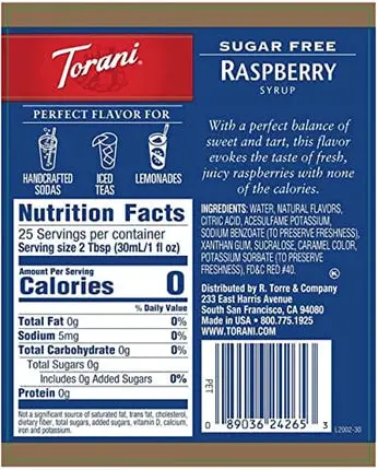 Torani Sugar Free Raspberry Syrup for Coffee 25.4 Ounces Syrups for Coffee Drinks with Fresh Finest Bottle Pump