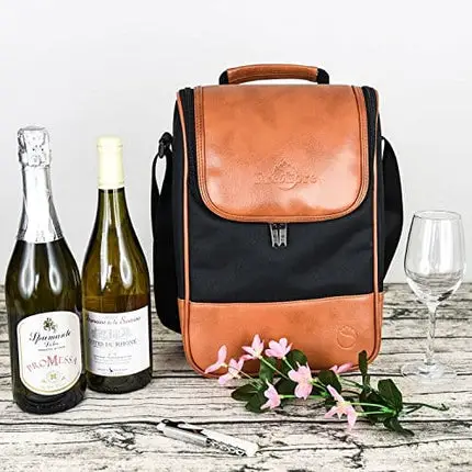 Freshore® Wine Leather Tote Cooler Insulated Bag - Luxury 2 Bottle Carrier Design For Lunch/Travel - Idea Gift For Women/Man (Reserve Place For Corkscrew Opener, Light Brown)
