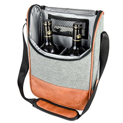 Freshore® Wine Leather Tote Cooler Insulated Bag - Luxury 2 Bottle Carrier Design For Lunch/Travel - Idea Gift For Women/Man (Reserve Place For Corkscrew Opener, Light Brown)