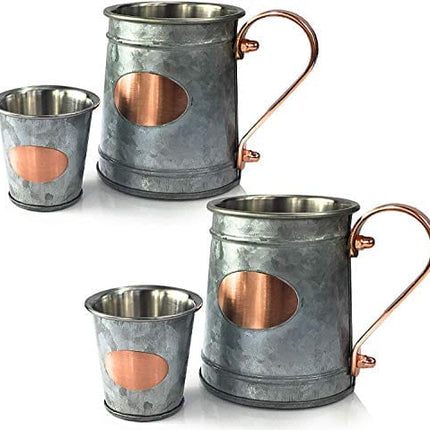 Galrose Galvanized Iron Beer Stein - Rose Gold Plaque 16 oz Stainless Steel Double Wall Beer Mug. 2 Rustic Moscow Mule Mugs with 2 Shot Glasses for Parties. Unique Gifts for Him 6th Iron Anniversary