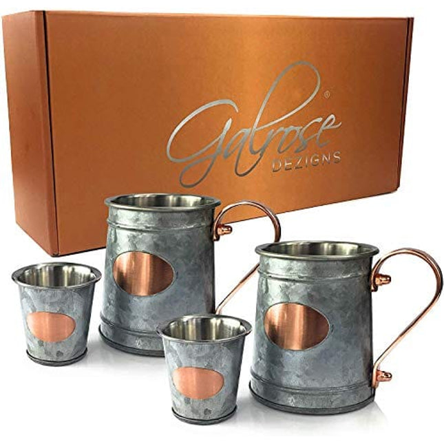 Galrose Galvanized Iron Beer Stein - Rose Gold Plaque 16 oz Stainless Steel Double Wall Beer Mug. 2 Rustic Moscow Mule Mugs with 2 Shot Glasses for Parties. Unique Gifts for Him 6th Iron Anniversary