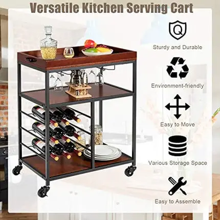 Giantex 3-Tier Kitchen Island Cart Rolling Trolley Industrial Style Serving Cart Utility Cart Wood Kitchen Stand with Glasses Holder and 9 Wine Bottles Rack Metal Frame and Castors (Rustic Brown)