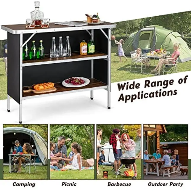 Giantex Folding Camping Table, Aluminum Portable Bar Table 43.5''L x 34.5''H, 2-Tier Open Storage Shelves, Removable Oxford Cloth, Carrying Bag, Foldable Picnic Table for BBQ Outdoor Party (Coffee)
