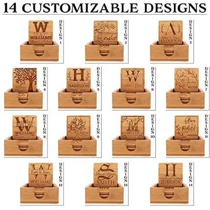 Personalized Coasters for Drinks, Set of 4, Laser Engraved Wedding Wooden Coaster w Holder | 14 Customizable Designs | - House Warming Presents for New Home, Custom Bamboo Coasters for Couples